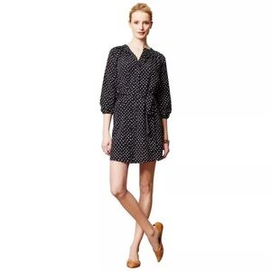 Anthropologie Maeve Navy White Polka Dot Shirt Dress Button Front Belted Size PS
